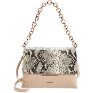 NWT Ted Baker Alani Snake Embossed Leather Shoulder Bag Taupe Pink Chain Cross